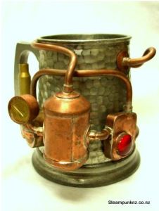How cool is this? A steampunk stein! One wonders if, with the pressure gauge and the mini boiler, doe it actually brew for you too?