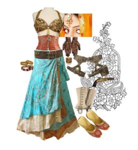 Polyvore's imaginative blend of steampunk and traditional showing how components of both types of dress can be fused.